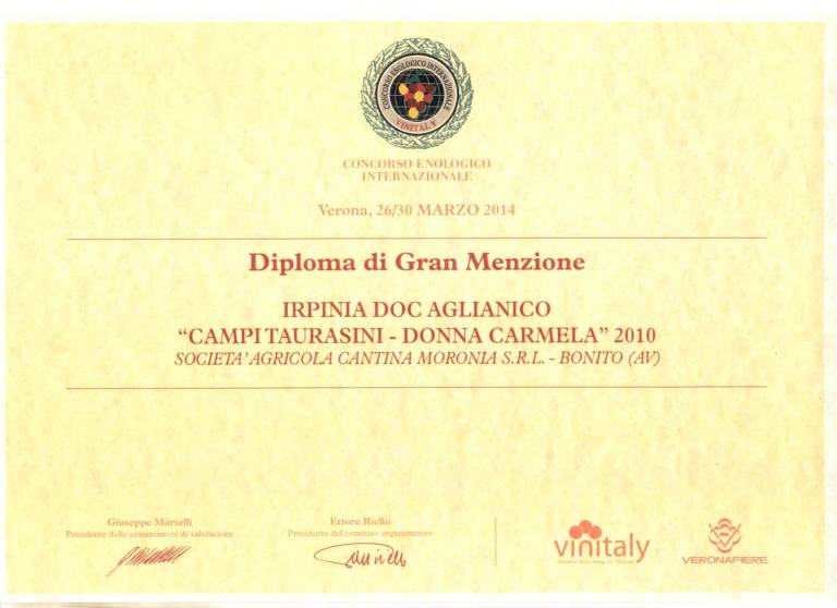 Donna Carmela - Diploma di Gran Menzione Vinitaly